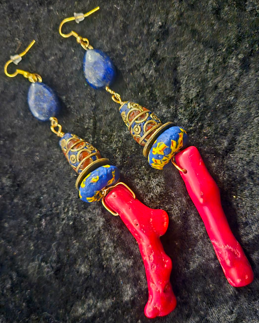Red Branch Coral & Lapis Shoulder Duster Statement Earrings Red Blue