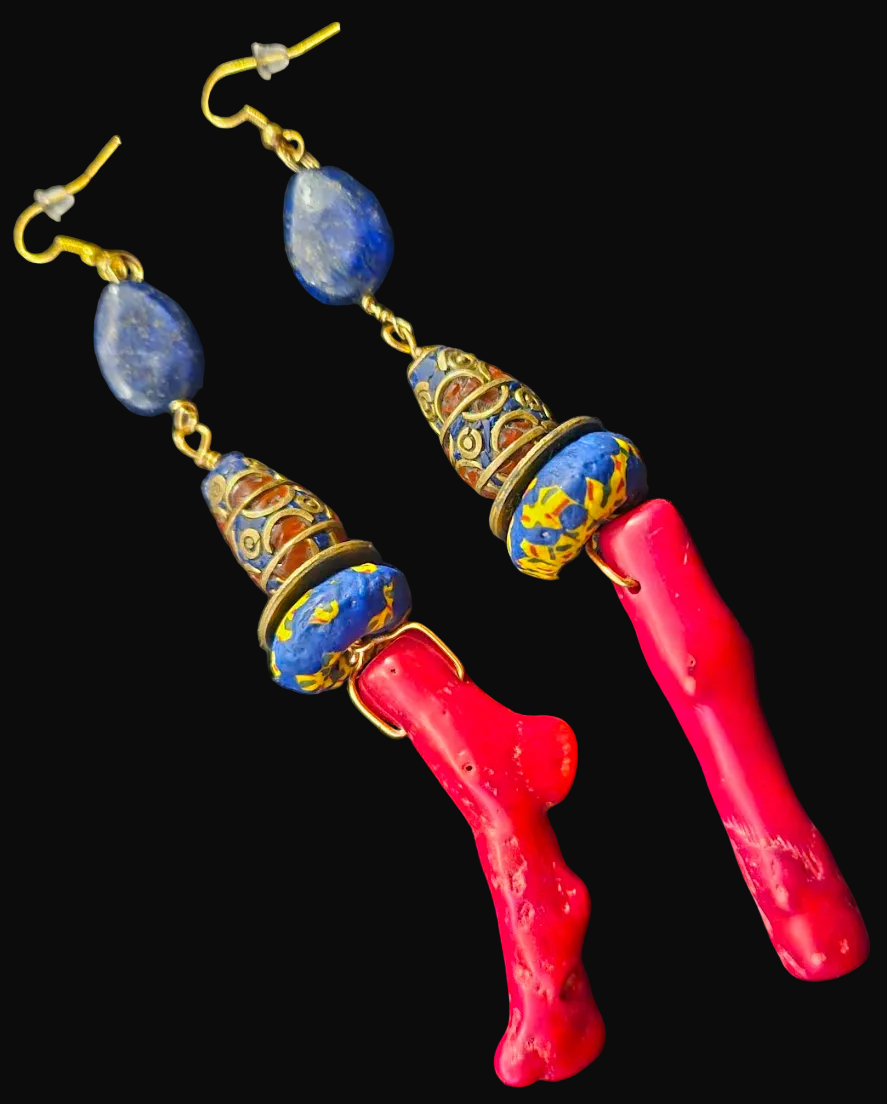 Red Branch Coral & Lapis Lazuli shoulder Duster Earrings