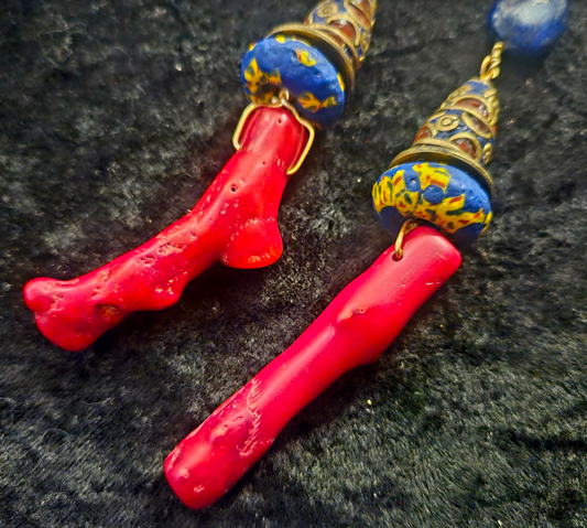 Red Branch Coral & Lapis Shoulder Duster Statement Earrings Red Blue