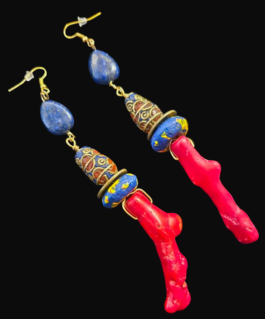 Red Branch Coral & Lapis Lazuli shoulder Duster Earrings