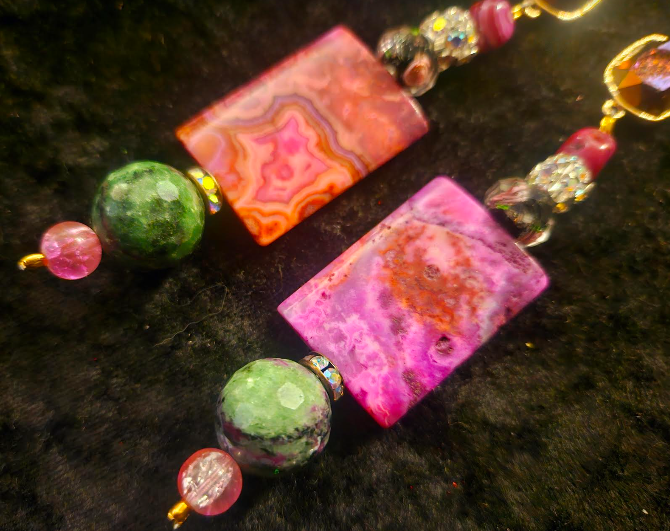 Pink and Green Gemstone Shoulder Duster Pierced Statement Earrings H