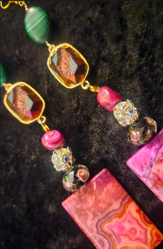 Pink and Green Gemstone Shoulder Duster Pierced Statement Earrings H