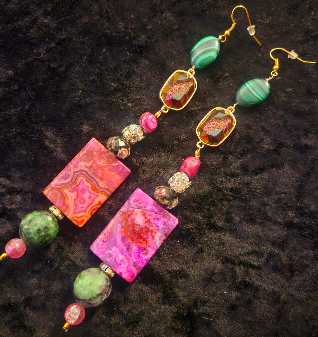 Pink and Green Gemstone Shoulder Duster Pierced Statement Earrings H