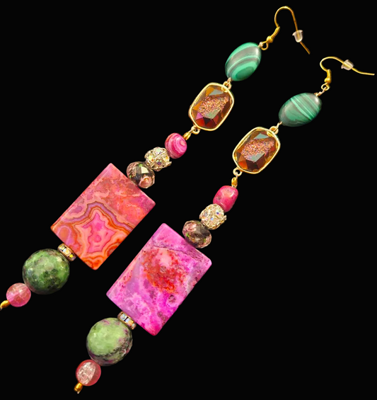 Pink & Green Gemstone Shoulder Duster Pierced Statement Earrings