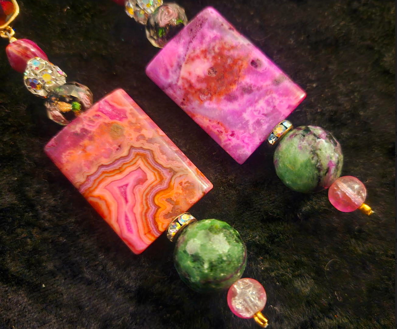 Pink and Green Gemstone Shoulder Duster Pierced Statement Earrings H