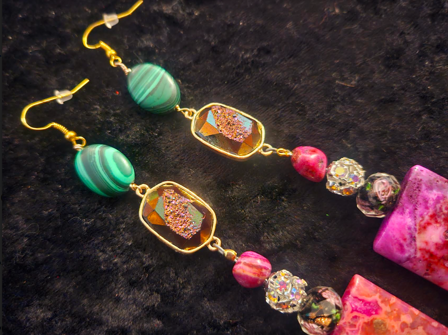 Pink and Green Gemstone Shoulder Duster Pierced Statement Earrings H