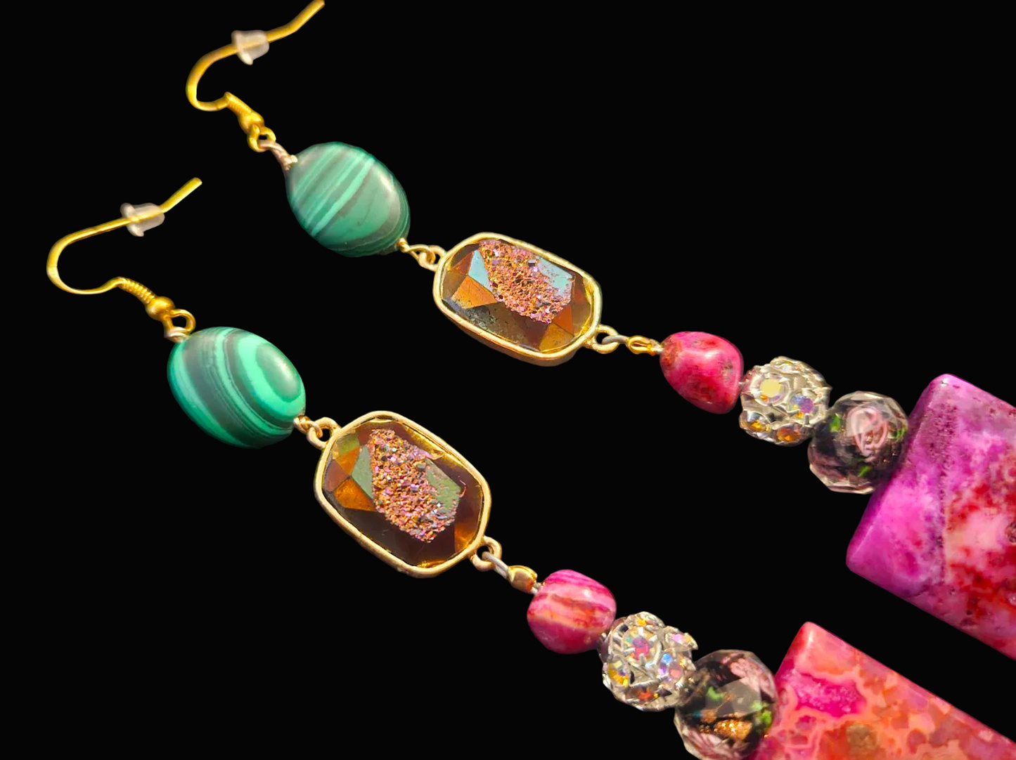 Pink & Green Gemstone Shoulder Duster Pierced Statement Earrings