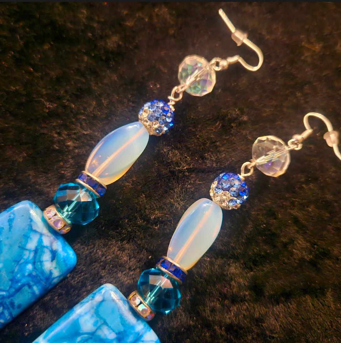 Fancy Blue White & Silver Long Dangle Pierced Statement Earrings Cra