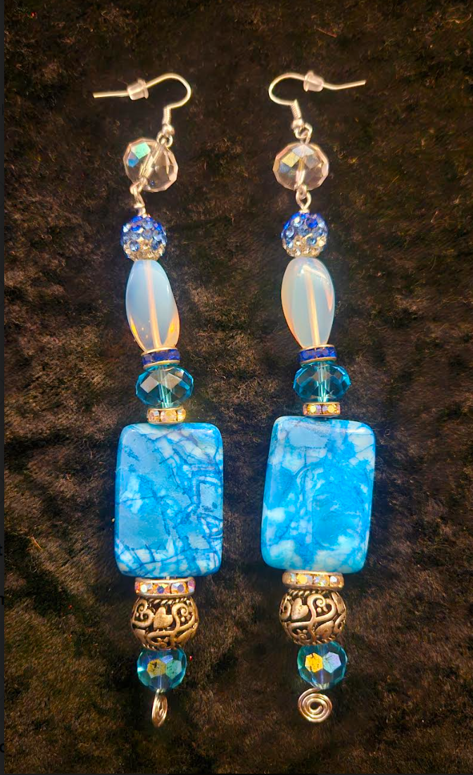 Fancy Blue White & Silver Long Dangle Pierced Statement Earrings Cra