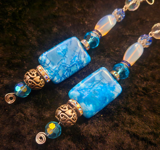 Fancy Blue White & Silver Long Dangle Pierced Statement Earrings Cra