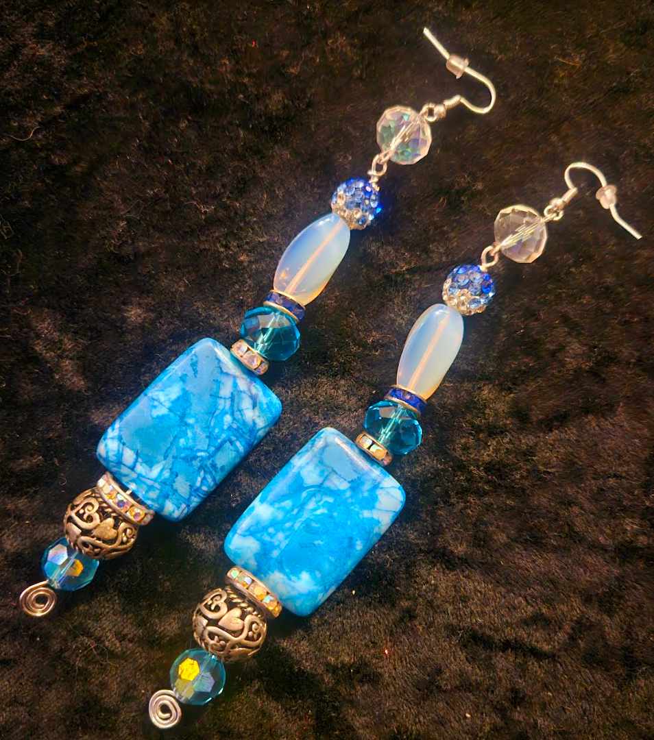 Fancy Blue White & Silver Long Dangle Pierced Statement Earrings Cra