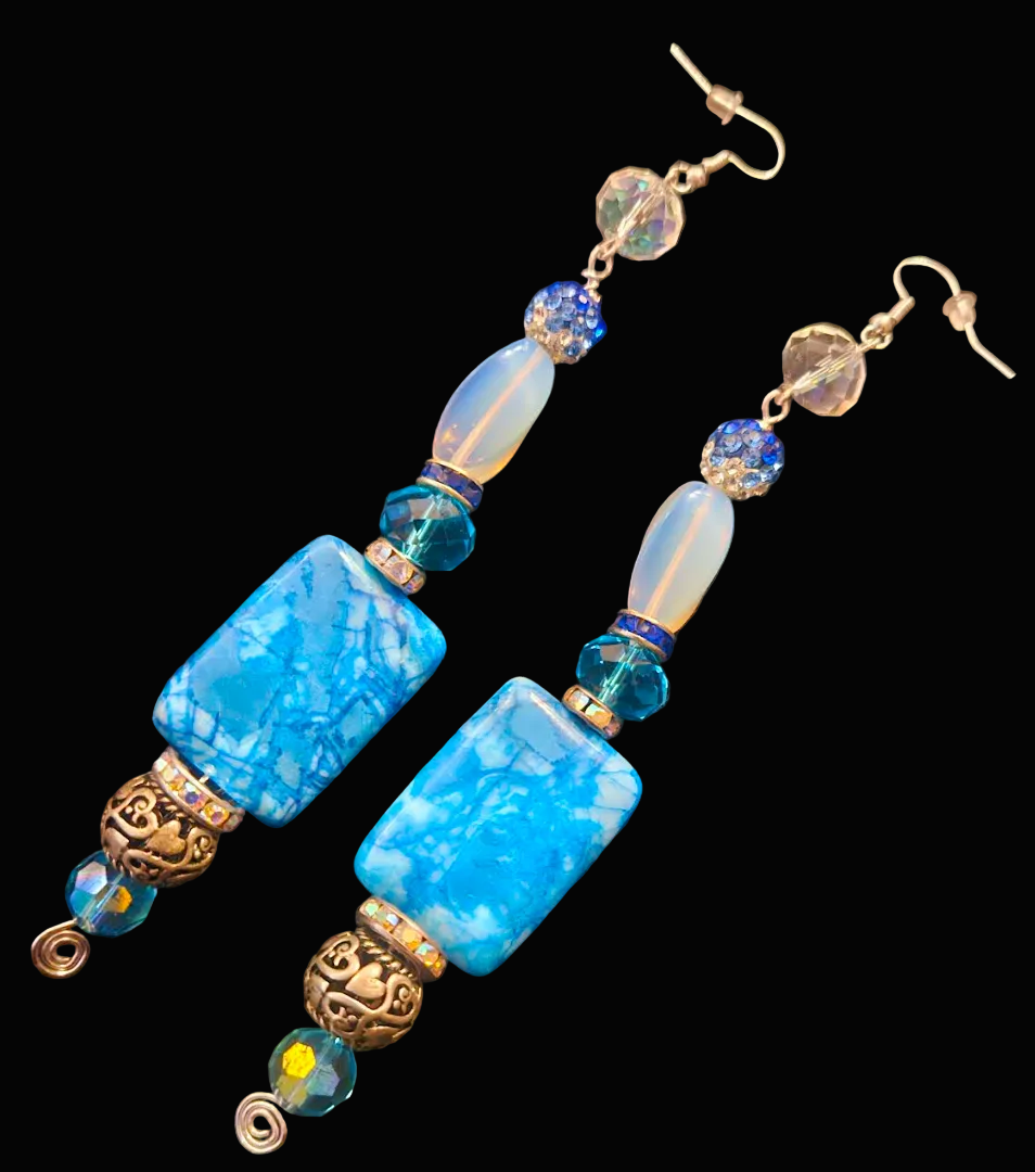 Fancy Blue White & Silver Long Dangle Pierced Statement Earrings