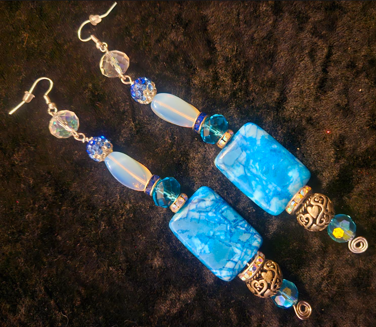 Fancy Blue White & Silver Long Dangle Pierced Statement Earrings Cra