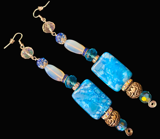 Fancy Blue White & Silver Long Dangle Pierced Statement Earrings
