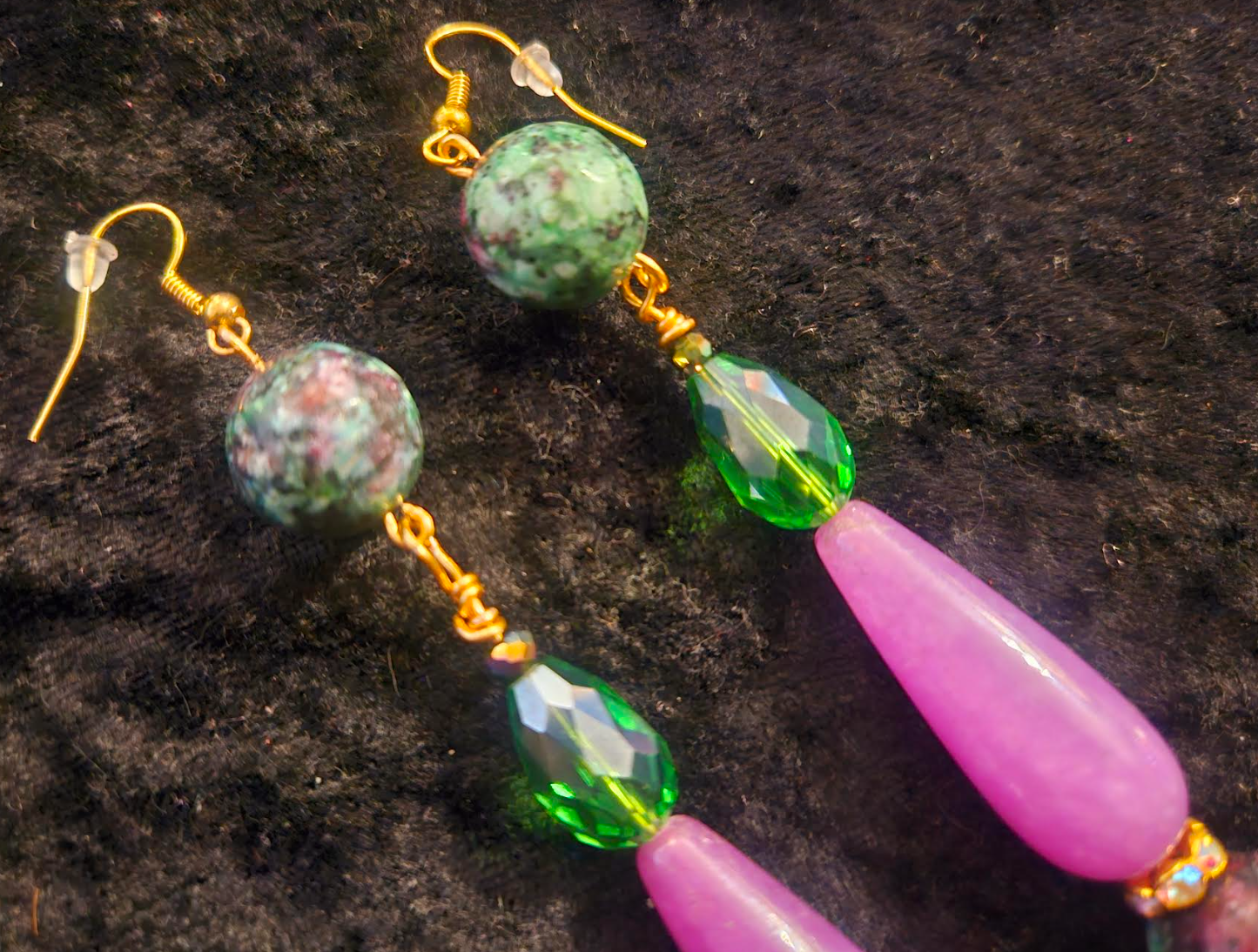 Purple Pink and Green Long Dangle Beaded Pierced Statement Earrings