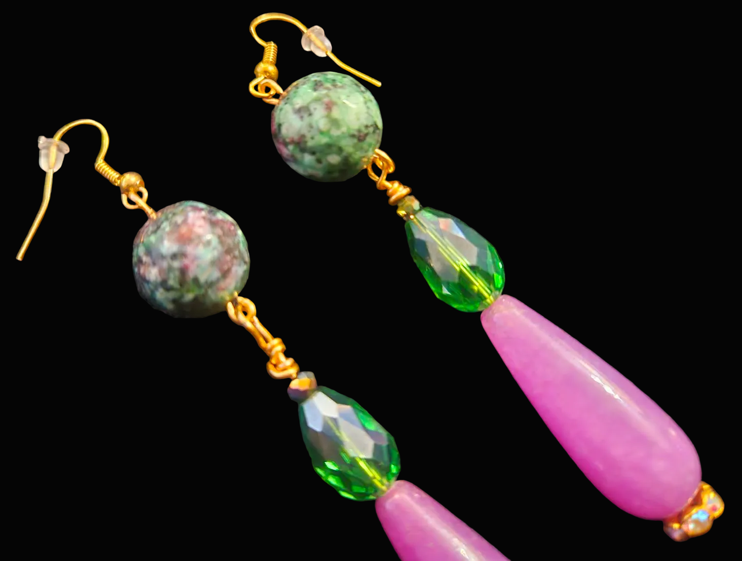 Purple Pink and Green Long Dangle Beaded Pierced Statement Earrings