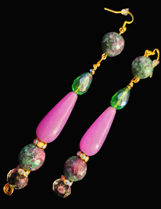 Purple Pink and Green Long Dangle Beaded Pierced Statement Earrings