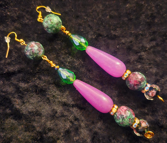 Purple Pink and Green Long Dangle Beaded Pierced Statement Earrings