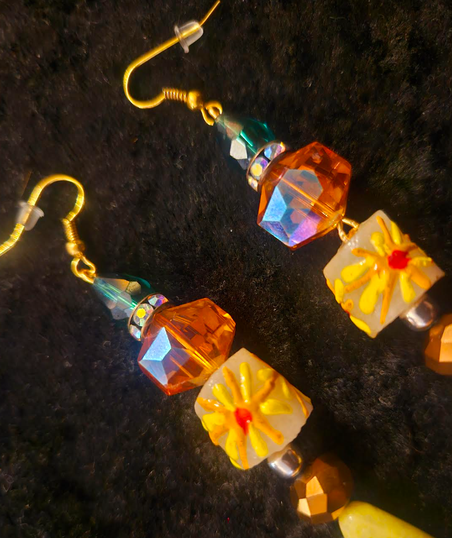 Asian Inspired Carved Cinnabar Long Beaded Pierced Statement Earrings