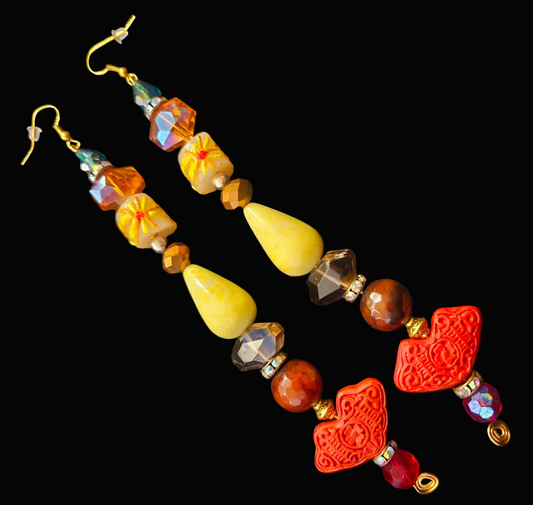 Asian Inspired Carved Cinnabar Long Beaded Shoulder Dusters - Bold