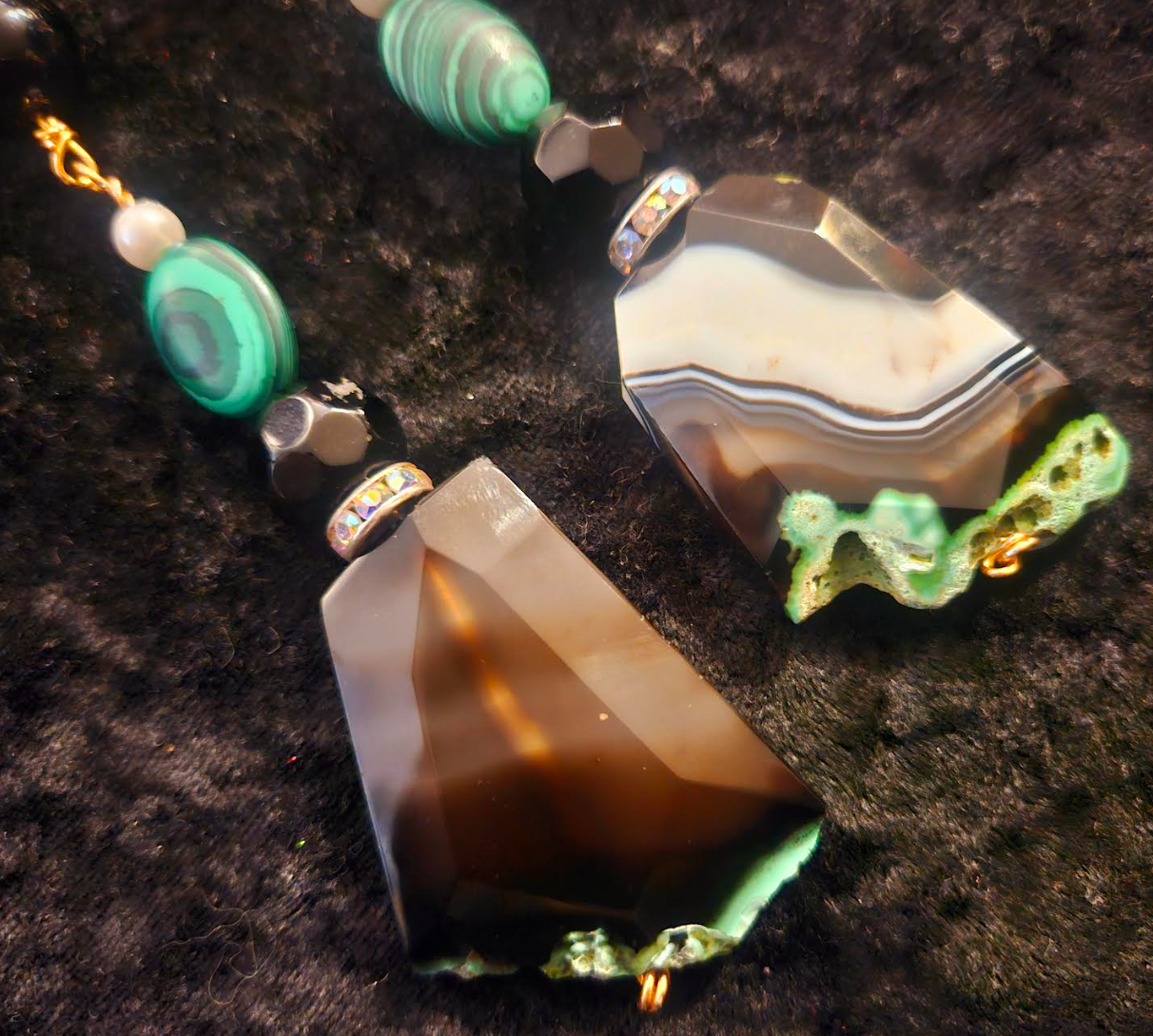 Black Green & White Faceted Agate and Malachite Pierced Statement Earr