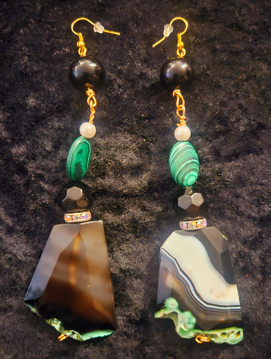 Black Green & White Faceted Agate and Malachite Pierced Statement Earr