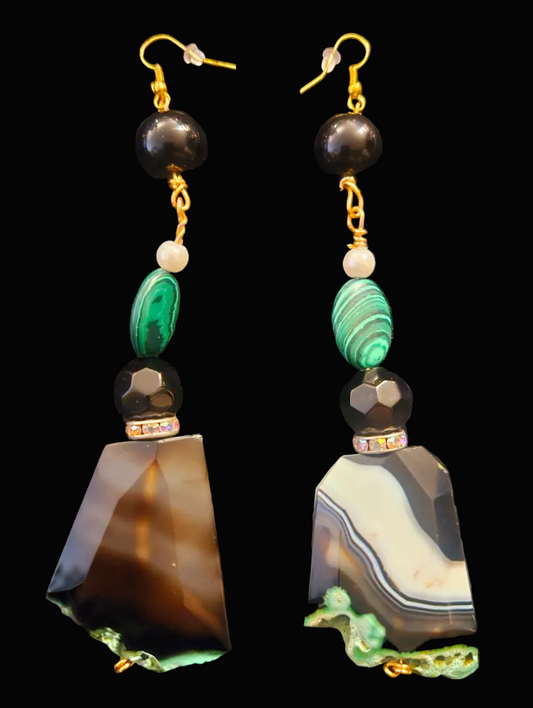 Black Green & White Faceted Agate & Malachite Pierced Earrings
