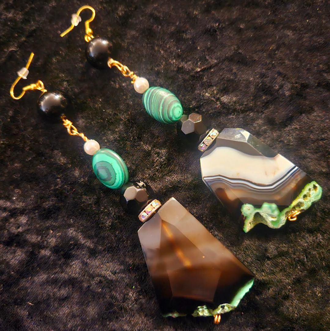 Black Green & White Faceted Agate and Malachite Pierced Statement Earr