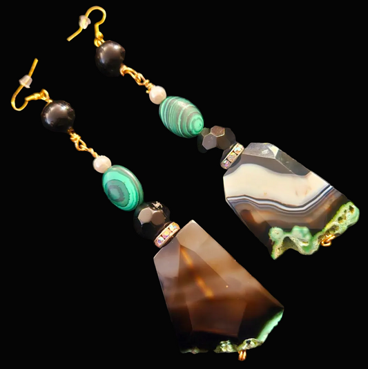 Black Green & White Faceted Agate and Malachite Shoulder Dusters