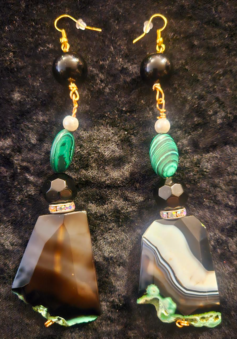 Black Green & White Faceted Agate and Malachite Pierced Statement Earr