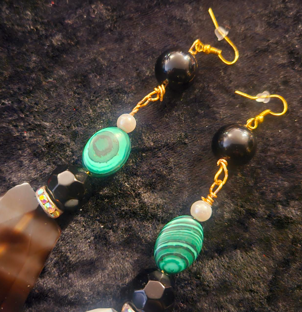 Black Green & White Faceted Agate and Malachite Pierced Statement Earr