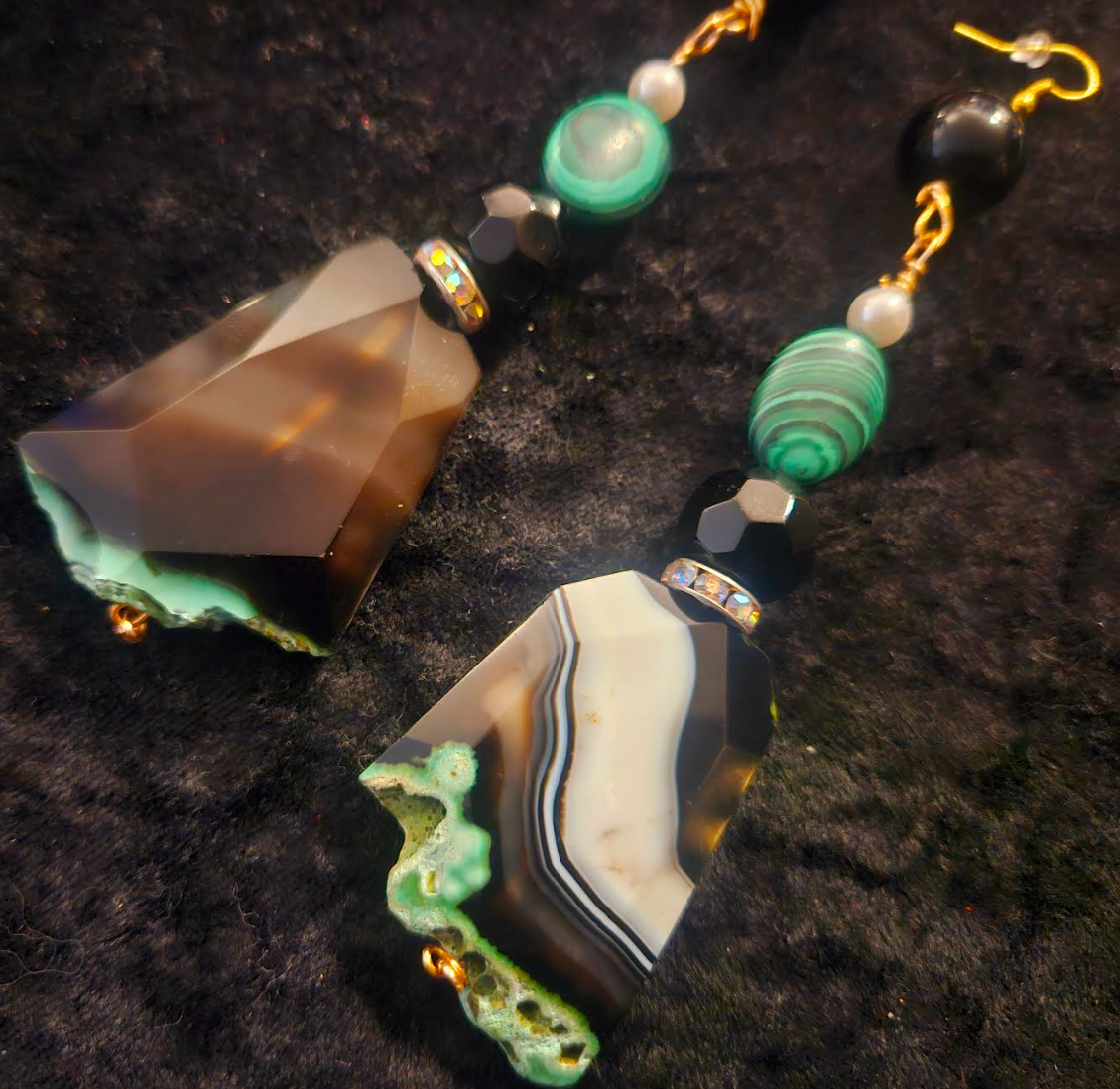 Black Green & White Faceted Agate and Malachite Pierced Statement Earr