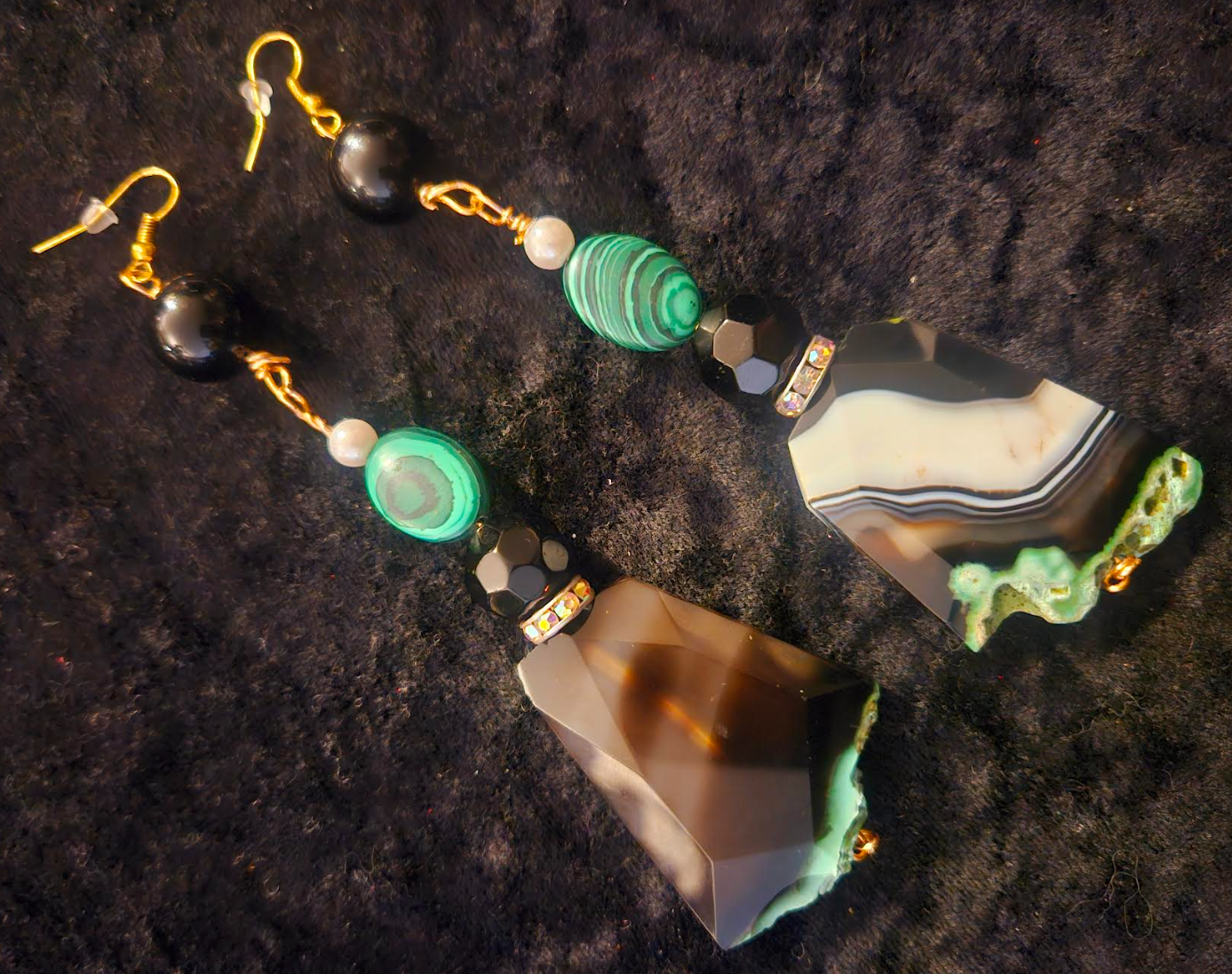 Black Green & White Faceted Agate and Malachite Pierced Statement Earr