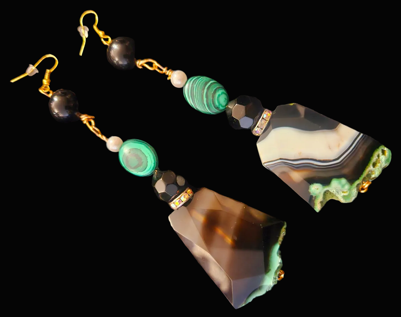 Black Green & White Faceted Agate & Malachite Pierced Earrings