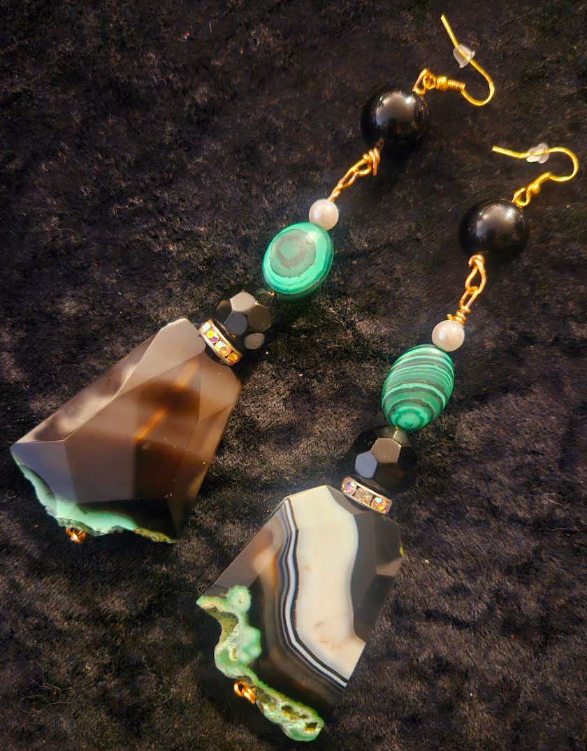 Black Green & White Faceted Agate and Malachite Pierced Statement Earr