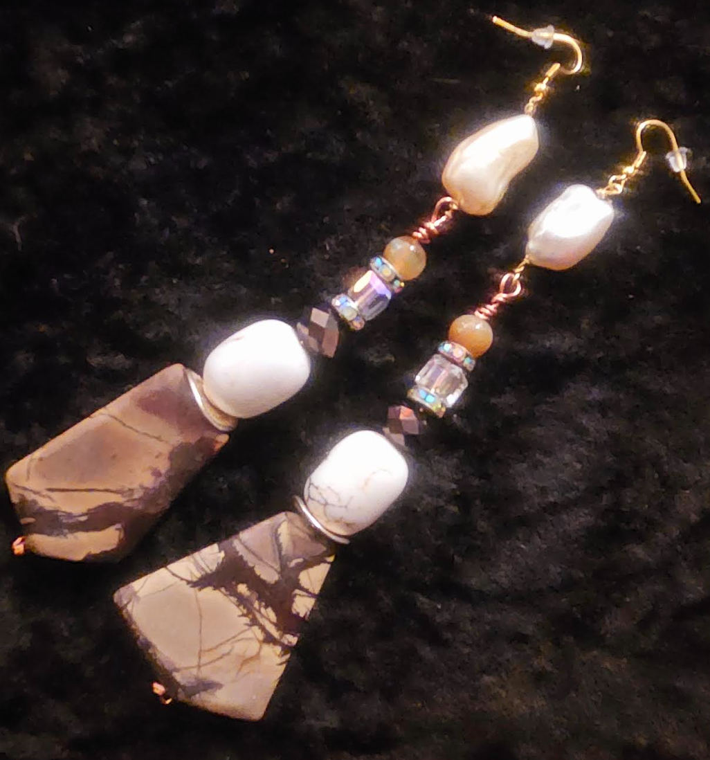 Earthy Jasper Magnesite & Shell Long Pierced Statement Earrings Brow