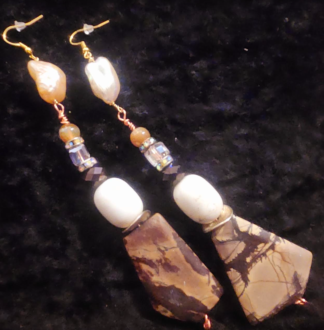 Earthy Jasper Magnesite & Shell Long Pierced Statement Earrings Brow