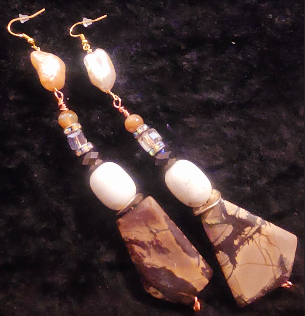 Earthy Jasper Magnesite & Shell Long Pierced Statement Earrings Brow