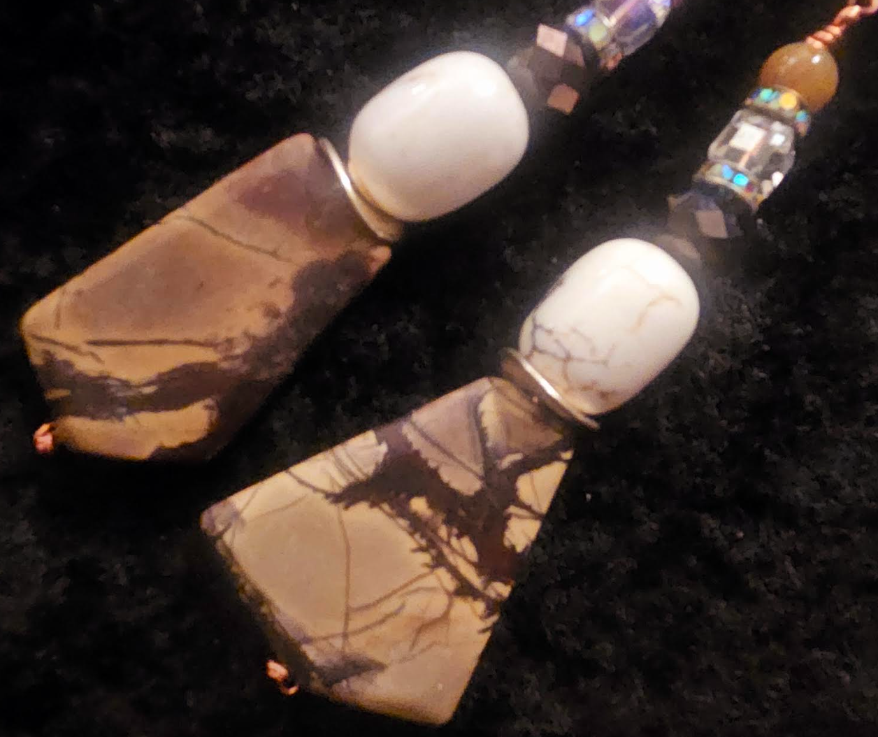 Earthy Jasper Magnesite & Shell Long Pierced Statement Earrings Brow