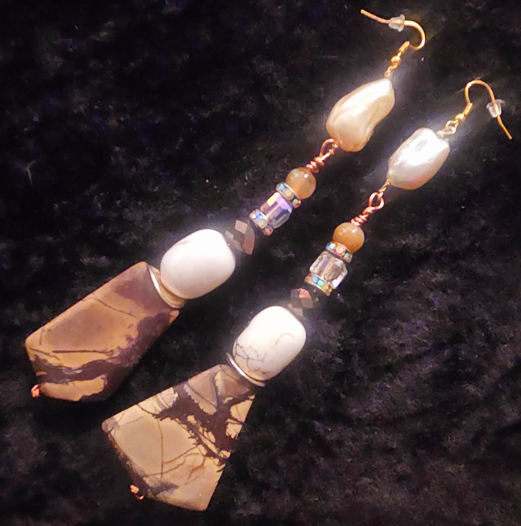 Earthy Jasper Magnesite & Shell Long Pierced Statement Earrings Brow