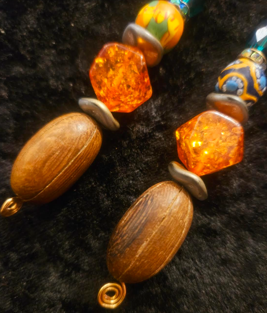 Brown Green & Orange Beaded Drop Pierced Statement Earrings Autumn W