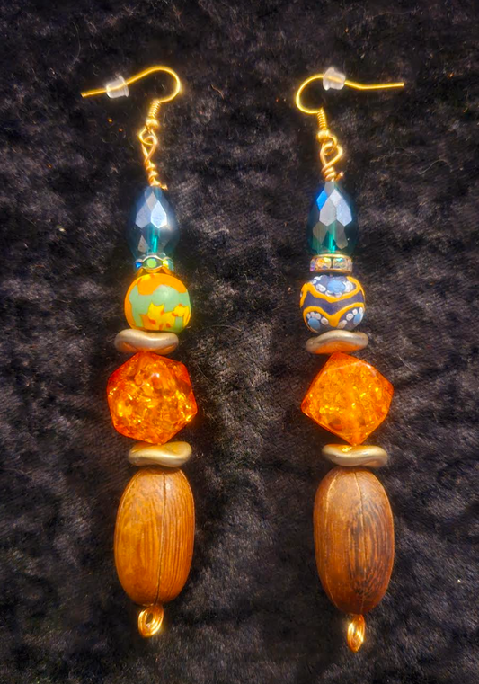 Brown Green & Orange Beaded Drop Pierced Statement Earrings Autumn W