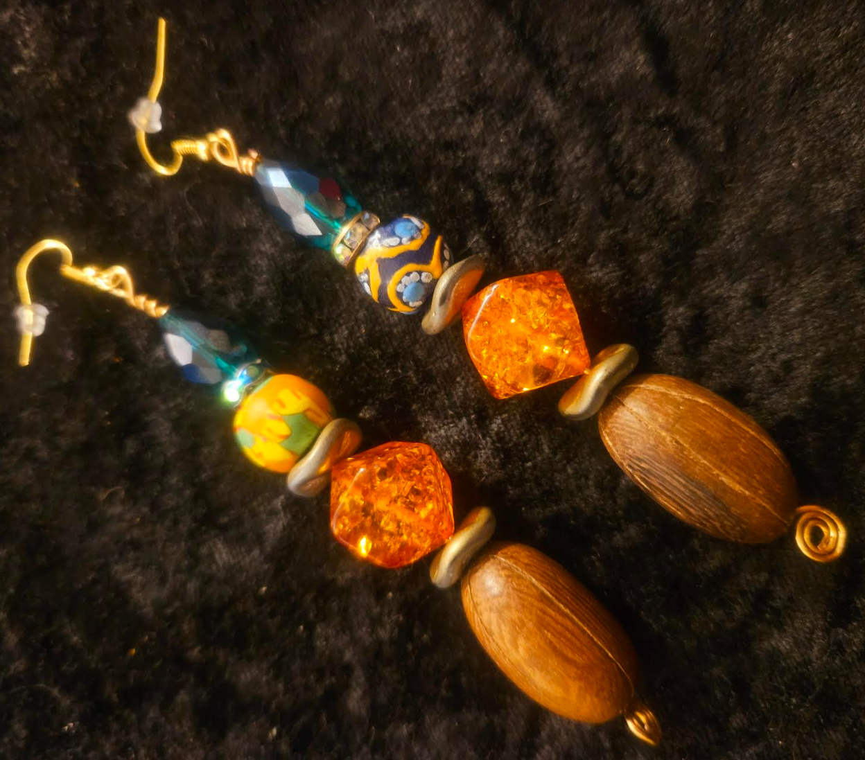 Brown Green & Orange Beaded Drop Pierced Statement Earrings Autumn W