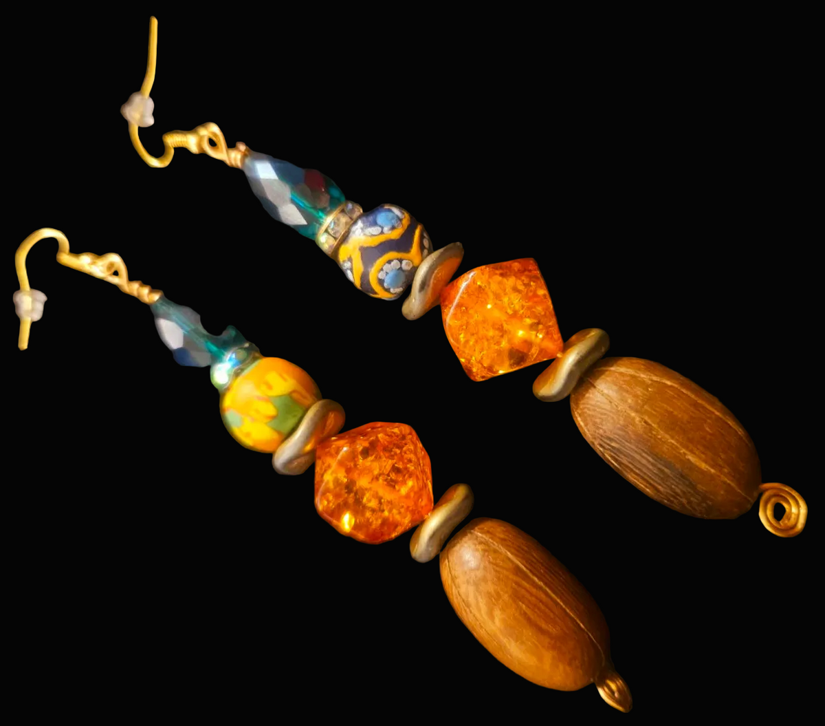 Brown Green & Orange Beaded Drop Pierced Statement Earrings - Fall