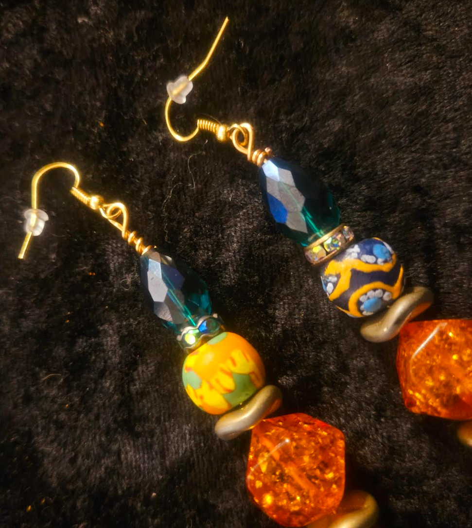 Brown Green & Orange Beaded Drop Pierced Statement Earrings Autumn W
