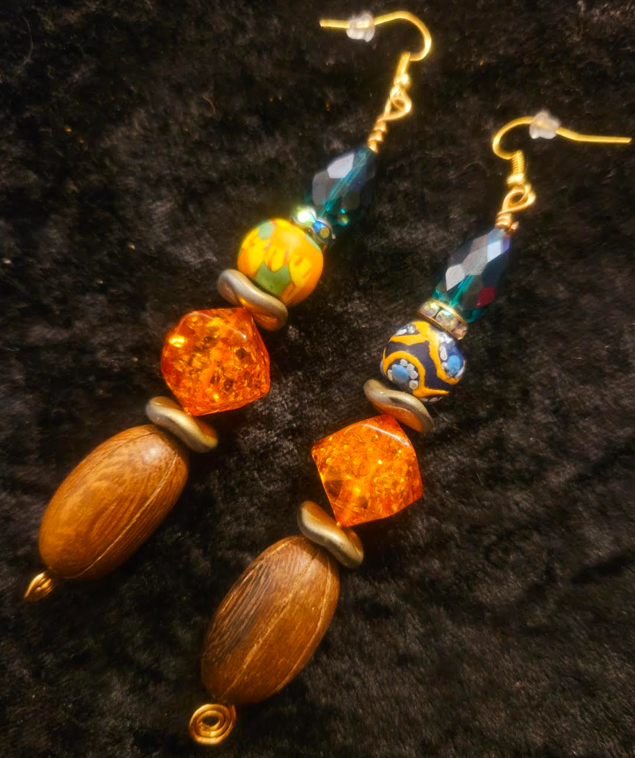 Brown Green & Orange Beaded Drop Pierced Statement Earrings Autumn W