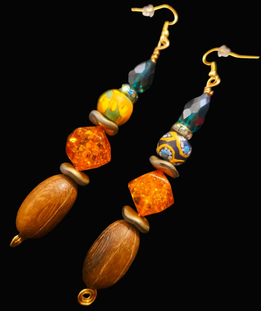 Brown Green & Orange Beaded Drop Pierced Statement Earrings - Fall