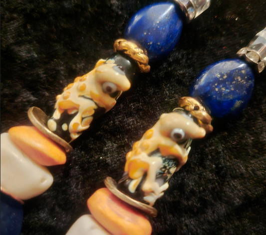 Funky Lizard or Gecko Beaded Pierced Statement Earrings Blue Beige O