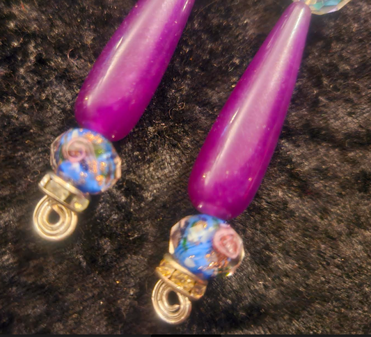 Feminine Purple Agate & Floral Lampwork Beaded Drop Statement Earrings