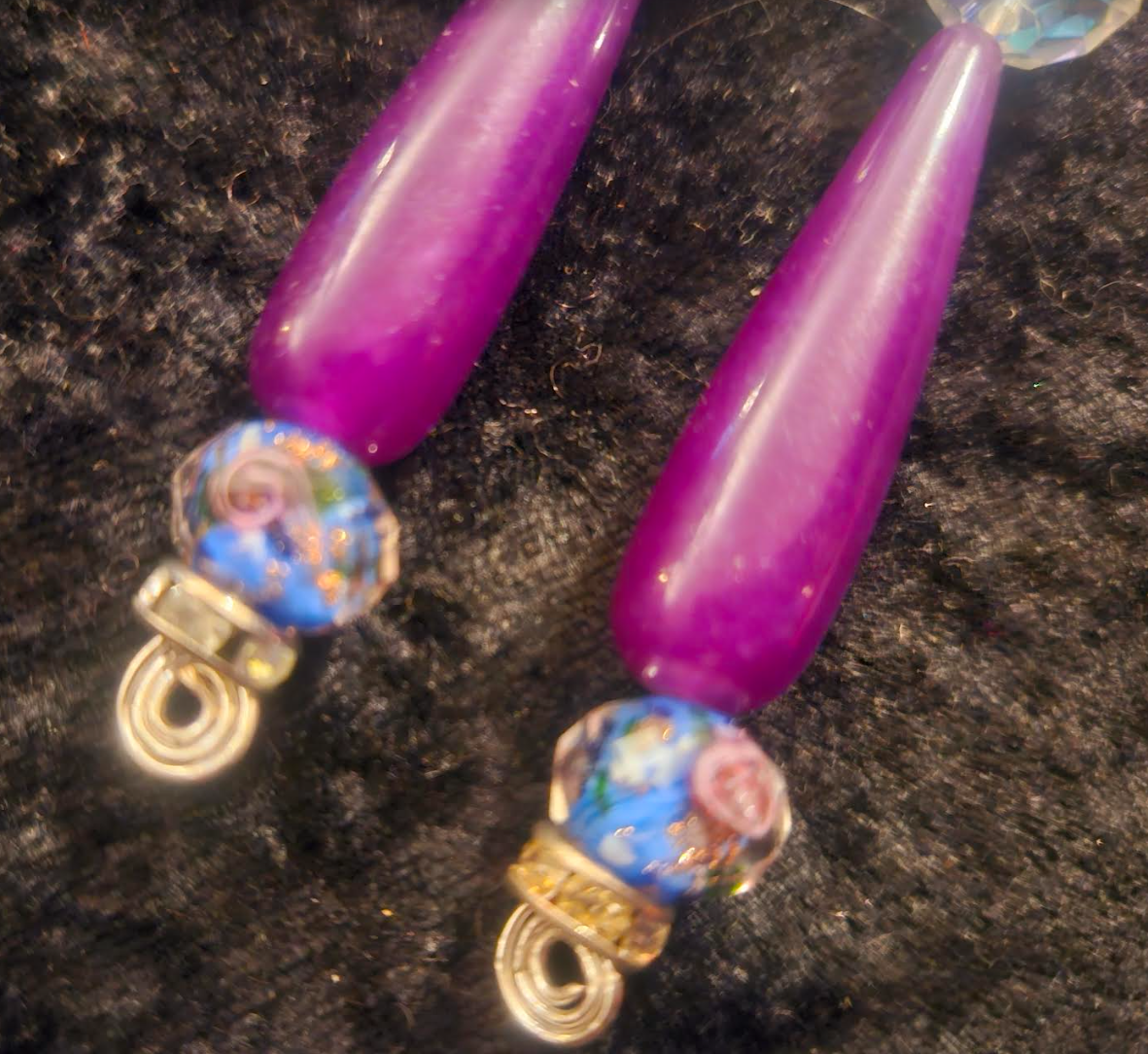 Feminine Purple Agate & Floral Lampwork Beaded Drop Statement Earrings